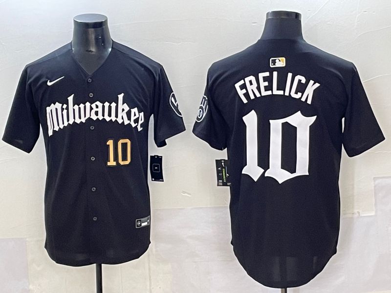 Men 2025 Milwaukee Brewers #10 Frelick Black Five generations Joint Name Nike MLB Jersey style 06